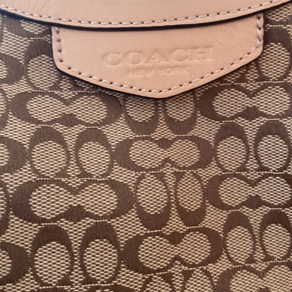Coach purse. Signature Devin. Brown with blue and yellow stripe. - Picture 3 of 8